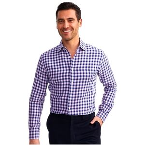 Thomas Pink Slim Fit Dress Shirt Blue Pink Check Linen Blend 15.5